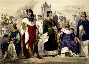 The Capetians from 1270 to 1322. Philip III the Bold, Philip IV the Fair, Louis X the Quarrelsome, Philip V the Tall, Charles IV the Fair. Engraving of the 19th Century