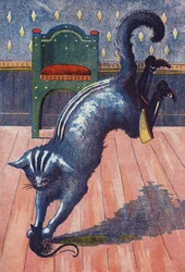 The Cat throws on the ogre changes into a mouse. Illustration for 