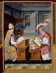 The Bishop of Jerusalem Saint Cyril (315-386) and Saint Augustine (354-430). Miniature on 16th century parchment