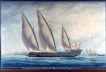 The Genoa galleys Raggia and San Giorgio pursue the Algerian chebec Uccello. 11 August 1788