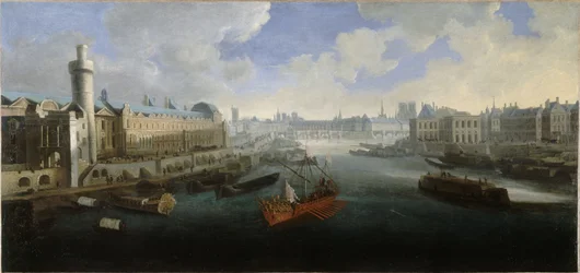 The Grande Galerie of the Louvre, with the Porte Neuve, the Pont-Neuf, the Cité, the Collège des Quatres-Nations under construction and the Quai Malaquais. On the Seine, the royal galley