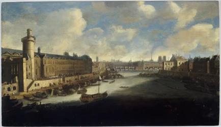 The Grande Galerie of the Louvre, with the Porte Neuve, the Pont-Neuf, the Cite, the Collège des Quatres-Nations under construction and the Quai Malaquais (circa 1665. On the Seine, the royal galley, between 1660 and 1670)