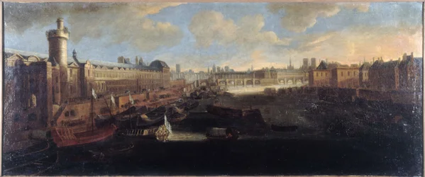 The Grande Galerie of the Louvre, with the Porte Neuve, the Pont-Neuf, the Cité, the Collège des Quatres-Nations under construction and the Quai Malaquais, circa 1665, on the Seine the royal galley, present-day 1st and 6th arrondissements, between 1660 and