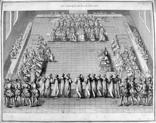 The Poissi Colloquium (Poissy) in 1561. In the center the King of France Charles IX and Queen Mother Catherine de Medicis