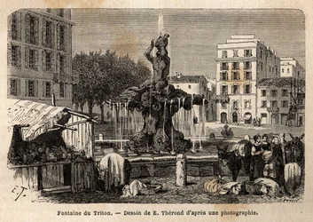 The Triton Fountain, in Rome, created in 1643 by Gian Lorenzo Bernini (1598-1680), on the Barberini Square. Engraving to illustrate the voyage to Rome, by Francis Wey, in 1864-1868, published in Le tour du monde, nouveau journal des voyages