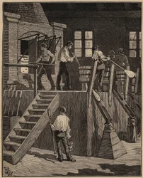 The art of glass: glass workers manufacturing glass according to the French method. Engraving from 1885 in 