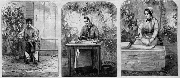 The bottling of Champagne wine. Engraving from 1864