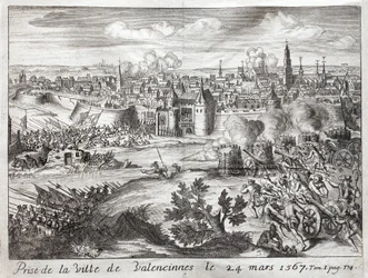 The city of Valenciennes was taken on 24 March 1567. First battle of the revolt of the Gueux. Engraving to illustrate History of the War of F