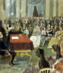 The civil marriage of the Prince of Naples - who became Victor Emmanuel III (Victor Emmanuel) (Vittorio Emanuele) - with Princess Helene of Montenegro at the Quirinal Palace in 1896. In the center you can see Humbert I (Umberto) on the left of the bride.