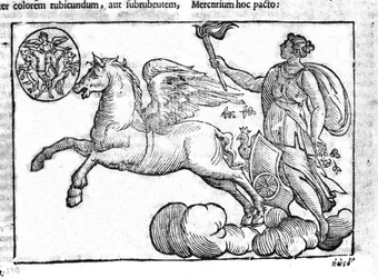 The dawn (the chariot of the sun). Allegory of the sunrise with the characters of Greek and Roman mythology in the sky. Engraving from Mythologiae sive explicationes fabularum by Natalis Comitis. 1637