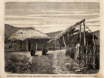 The dwelling and shipyard of an English builder near Noumea, who uses indigenous labour or condemns them until the end of their time of hard work. Engraving to illustrate the voyage to New Caledonia, by Jules Garnier, civil engineer of mines, in 18