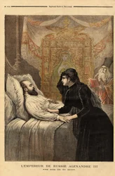 The emperor (tsar) of Russia Alexander III (1815-1894) on his deathbed, from 1881 to 1894, his reign showed an autocrat without concession, leading a peaceful foreign policy and voluntary actor of rapprochement with France. Engraving in Le petit journal