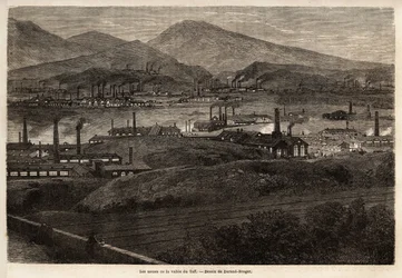 The factories of the Taff Valley. Drawing by Durand Brager, to illustrate a visit to the major factories in Wales in 1862, by L.Simonin. Engraving in 