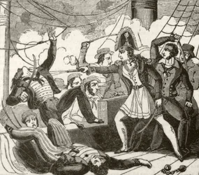The female pirate boarding the English ship 