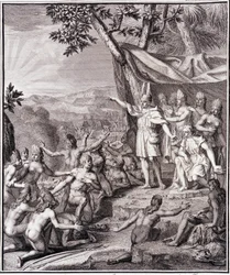The first Inca Manco Capac and Queen Coya Mama Oello Huaco his wife both children of the Sun gather the savages - in Historical Journey of South America done by order of the King of Spain by Don Georges Juan & Don Antoine de Ulloa, T.II, ed. Jombert