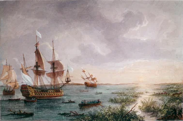 The french explorer Rene Robert Cavelier, Sieur de LaSalle discovers Louisiana, in 1684 (engraving)