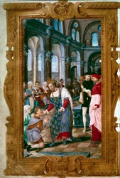 “The king touches you, God heals you.” King Henry II (1519-1559), the thaumaturge, heals a person suffering from scrofula in the Abbey of Saint-Marcoul, just after the coronation ceremony in Reims. Beside him is the Archbishop of Reims. Miniature from