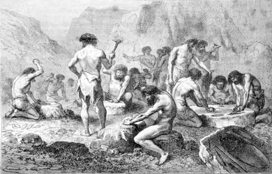 The manufacture and polishing of flint by prehistoric men in Pressigny.