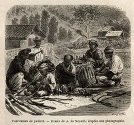 The manufacture of palm leaf baskets, for the collection of coffee. Engraving to illustrate the voyage to Brazil, story by M. and Mme Agassiz, in 1865-1866, published in 
