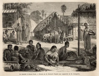The market in Phnom Penh, where Malaysian shopkeepers and Chinese traders offer a wide range of consumer and manufacturing products. Engraving to illustrate the voyage of exploration in Indochina, by Francis Garnier, lieutenant de Vaissseau, in 1866-1868