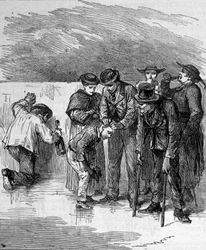The pilgrims drinking the miraculous water of Lourdes in the High Pyrenees where the Virgin appeared to Bernadette Soubirous in 1858, present place of pilgrimage. Engraving from 1877