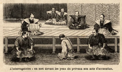 The Stages of Justice: Interrogation, Reading the Indictment to the Accused. Engraving to Illustrate the Voyage to Japan, in 1863-1864, by Aime Humbert, Minister of the Swiss Confederation