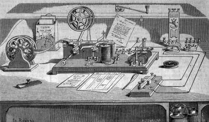 The telegraph invented by Samuel Finley Breese Morse. Engraving of the 19th century