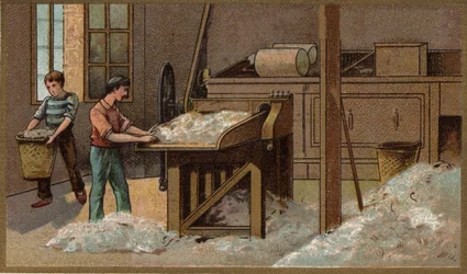 The wool industry: threshing. Chromolithography of the end of the 19th century