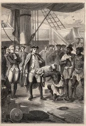 Third voyage (1776-1779) by Captain James Cook (1728-1779): Priest Koah offers a little pig to Cook, aboard the ship Resolution (Hawaii) - illustration from 