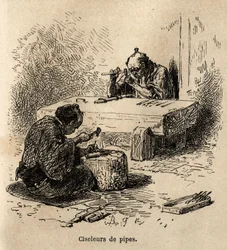 Two workers, each with a hammer and a punch, are carving metal pipes in their workshop. Engraving to illustrate the journey to Japan, by Aime Humbert, minister of the Swiss Confederation, in 1863-1864, published in 