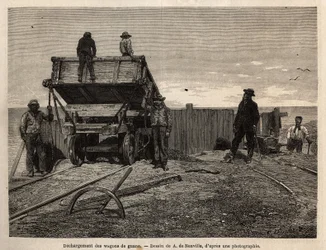 Unloading of guano wagons in the Chincha Islands (Pacific Ocean, near the south-west coast of Peru), whose main interest was the exploitation of guano deposits (used as fertilizer), deposits on granite cliffs serving as a refuge for a wide variety of seabi