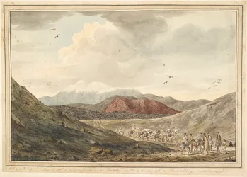 View of a Mountain, Near Hekla with a View of a Travelling Caravan