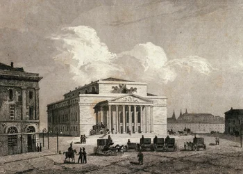 View of the Bolshoi Theatre in Moscow, Russia in 1838. Engraving of the 19th century