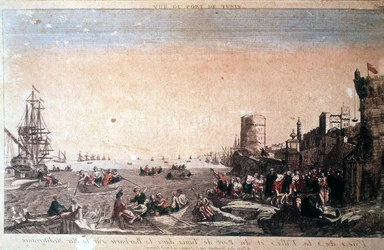 View of the City and Port of Tunis in barbarity on the Mediterranean Sea - Captured pirates arriving at Port de la Goulette in Tunis. Engraving 18th century.