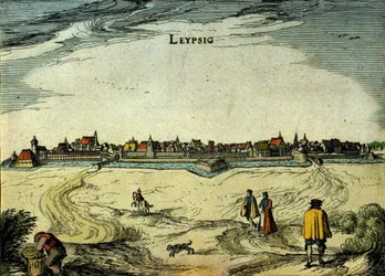 View of the city of Leipzig in Germany. 18th century engraving