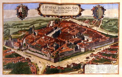 View of the city of Leipzig in Germany. Engraving of the 17th century