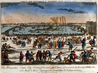 View of the feast given in Florence on the banks of the Arno River by the Grand Duke of Tuscany on the occasion of the wedding of Henry IV with Mary of Medici in 1600. Engraving.
