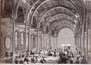 View of the main restaurant at the 1862 International Exhibition in London.