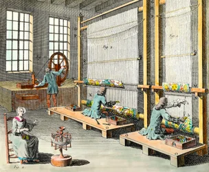 View of the workshops and the manufacture of tapestries in the grand manufacture des Gobelins in Paris. Engraving of the 18th century. Private Collection