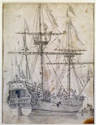 Warship: 18th century ink wash. Paris, decorative arts