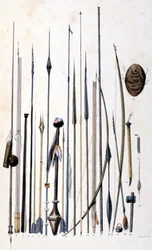 Weapons of the Jivaros Indians. Engraving 1846-48