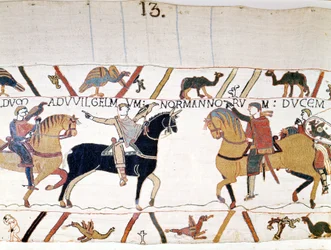 William I the Conqueror met Harold II, King of England, after liberating him. Bayeux tapestry, known as Embroidery of Queen Mathilde