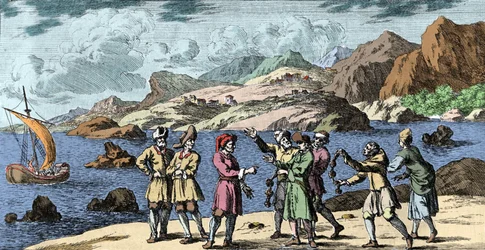 Witchcraft and beliefs: Finnish and Sami provoking a storm by the magic of three knots. Engraving from 