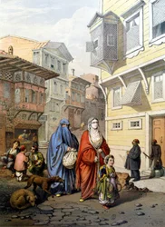 Women veiled in a street of Constantinople - engraving