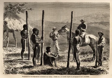 Workers from the New Hebrides (Republic of Vanuatu), Building a House. Engraving to Illustrate the Voyage to New Caledonia