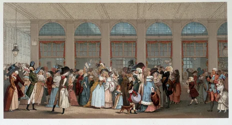 World walk in the wooden gallery of the Palais Royal, late 18th century - chromo after the engraving of Debucourt