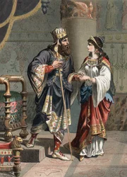 Xerxes I, Achaemenid King of Persia (519-465 BC), with his wife Amestris. Engraving of 1881 in “El Culto de la Hermosura” by Juan Justo Huguet, Molinas Hermanos Editores