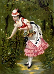 Young woman picking flowers. Chromolithography