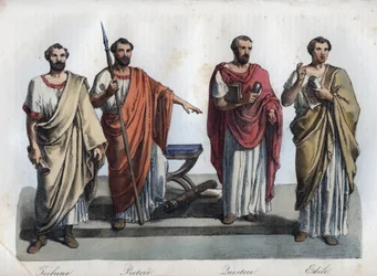 Magistrates of ancient Rome - Tribunus (Tribune) - praetor (Praetor) (Magistrate) - Quaestores (Quaestors) - aediles (Aediles), engraving from “Usi e Costumi di Tutti i Popoli dell