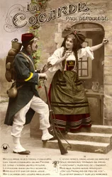 Attachment of Alsace Lorraine During World War I: French Soldier and Alsatian Woman Talking. Postcard 1914-1918